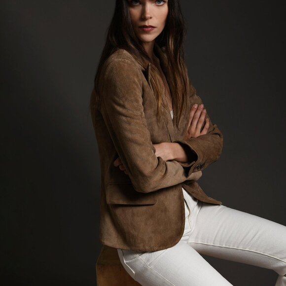 NWOT Susan Bender | US 8 | Suede Blazer Leather Jacket | Taupe Beige Tan - Picture 2 of 10